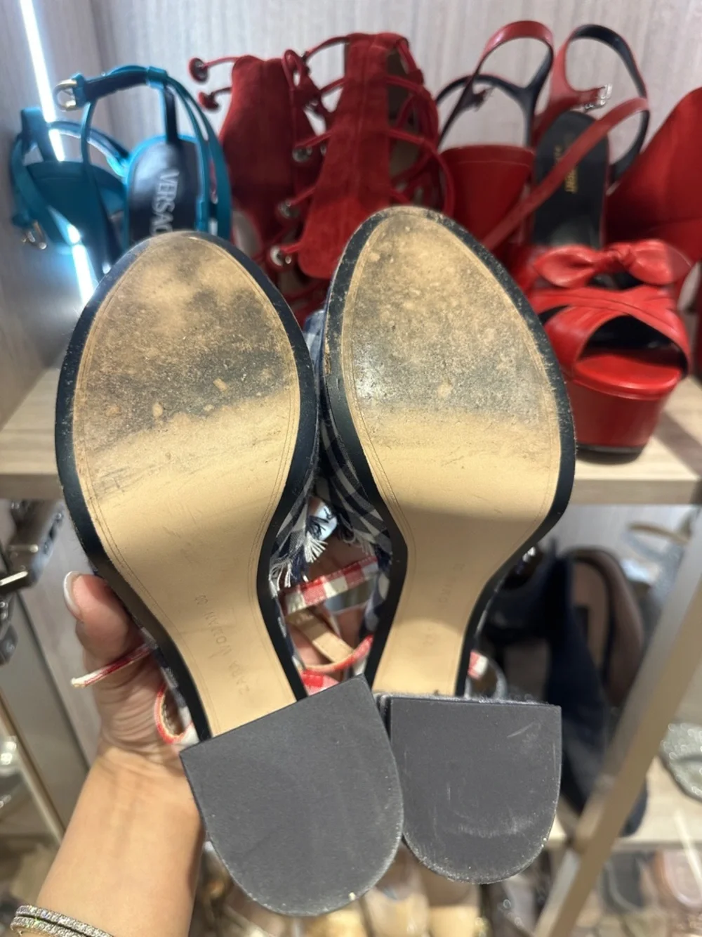 Zara Blue Red White Bejeweled Country 4th of July Gingham Platform Heels Size 38 - Picture 3 of 7